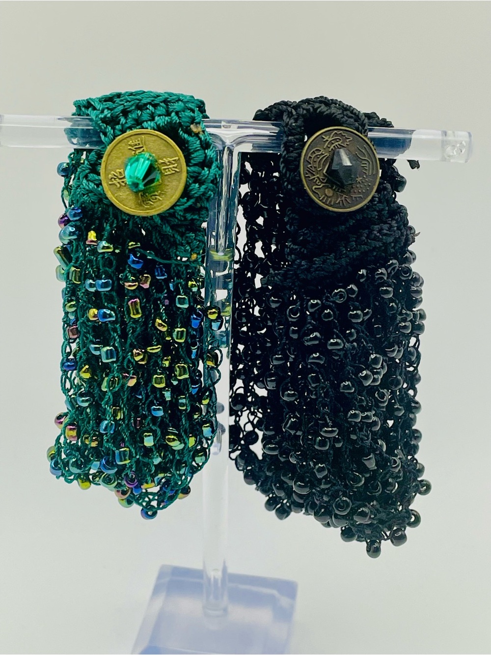 Handmade 2 Seed Bead Multi Strand Crochet Fringe Bracelets - Green and Black